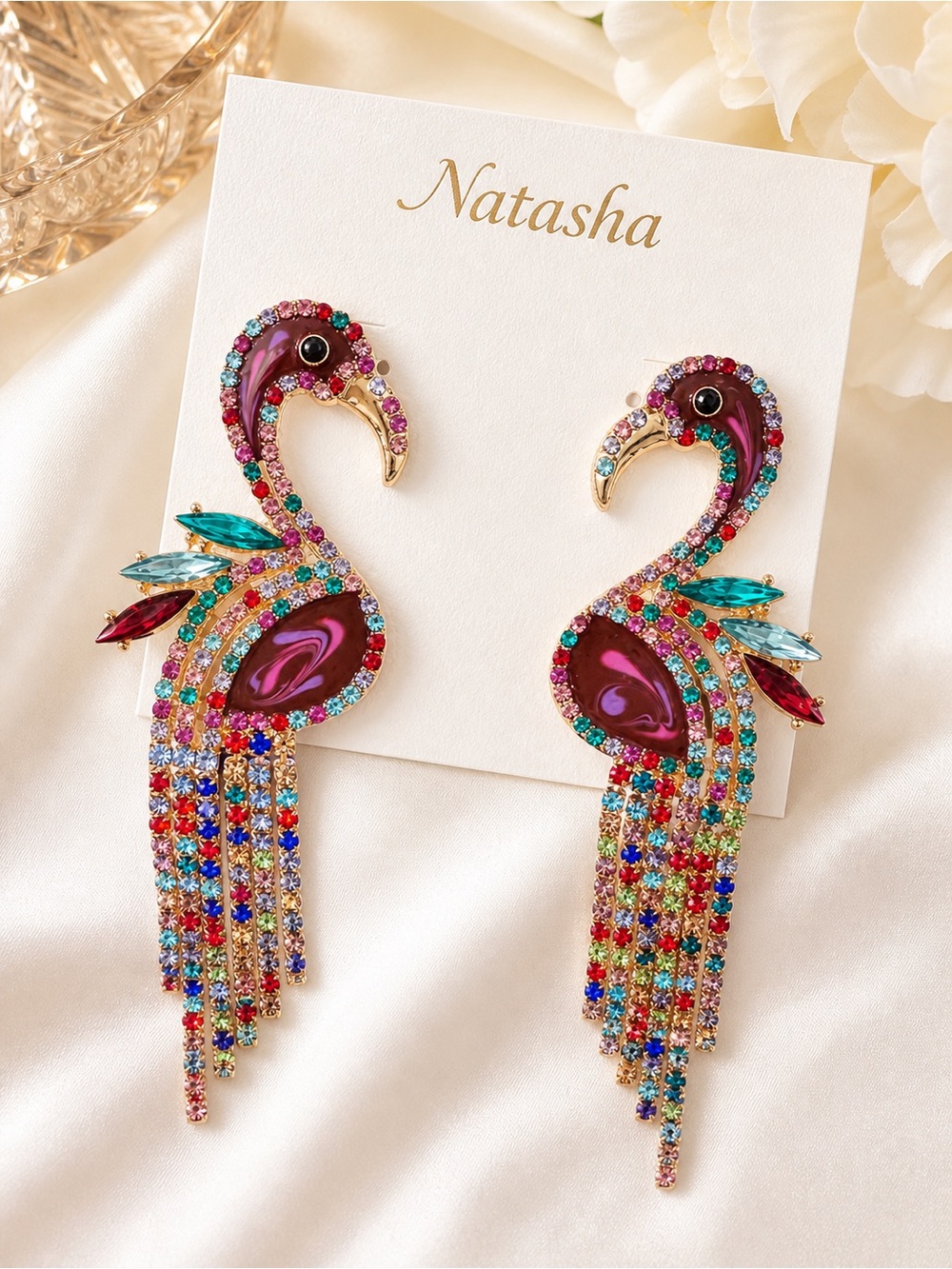 Natasha Couture Pink and Teal Crystal Flamingo Drop Earrings